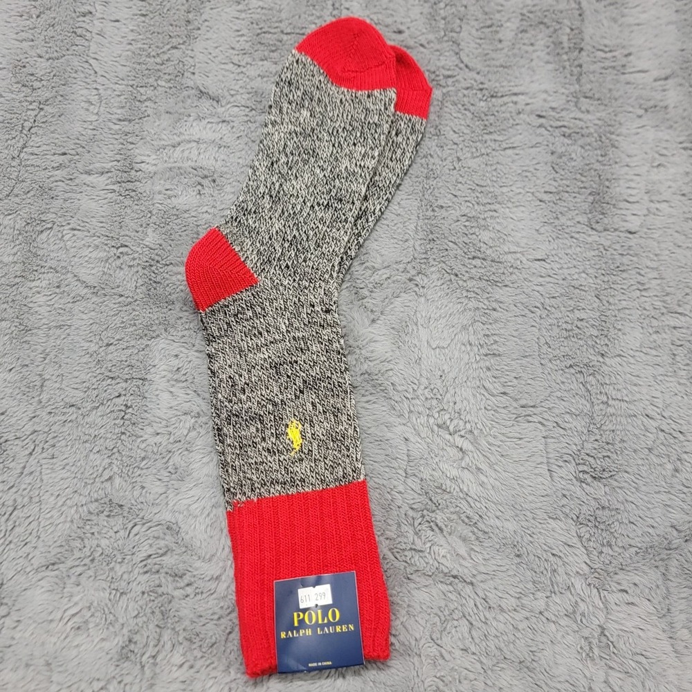 Polo Ralph Lauren Wool Socks Mens 10-13 Gray Red Ragg Pony Crew Mid Calf
